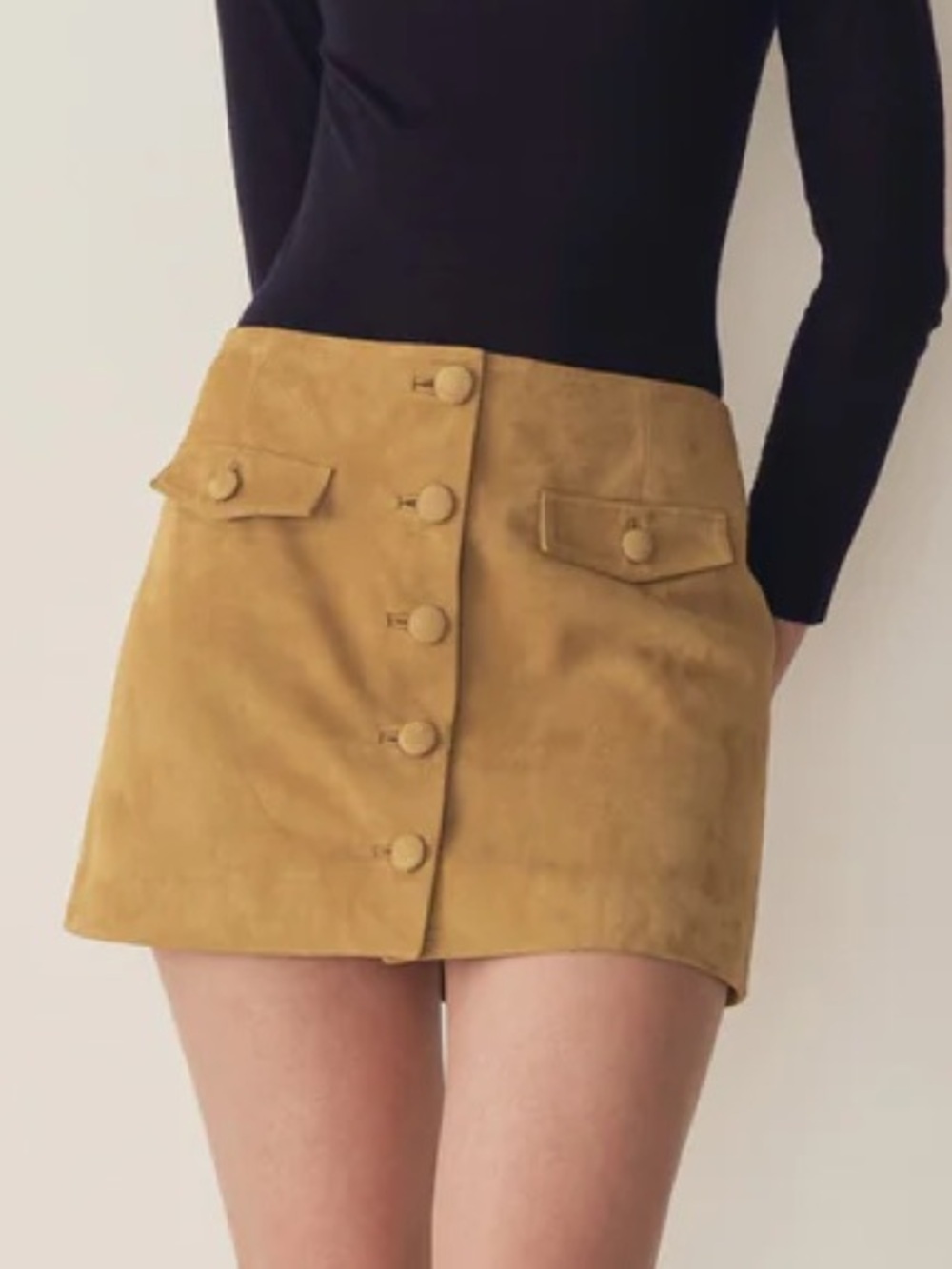 NWT Doen Courtney Goat Suede Button Pocket Mini Skirt Light Camel Tan
